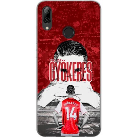 Yhteensopiva Puhelinkuori Huawei P smart 2019 Punainen dramaattinen kollaasikuva, jossa esiintyy Viktor Gyökeresin muotokuva ja pelaajia takaapäin are