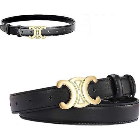 Dobbelt C Lærbelte Tynn Svart Belte med Gullspenne for Jeans, Dame Mote Designer Belter for Bukser Kjoler