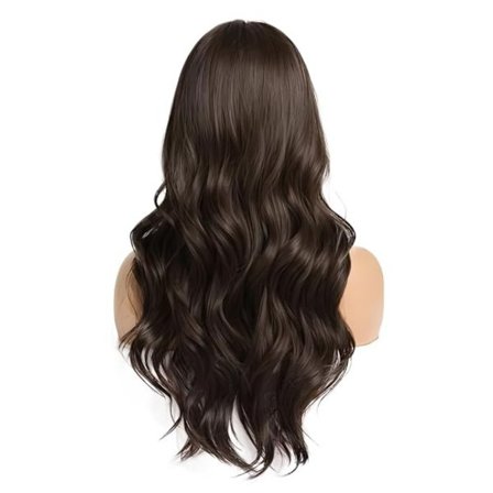Lang bølget paryk med pandehår - Mørkebrunt syntetisk hår til fest, cosplay og hverdagsbrug