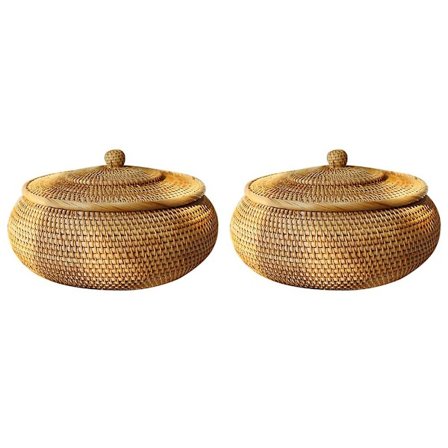 2 stk. Runde Fletkurve, Vikkerkødkurv med Låg Brødkurv Bakke Opbevaringskurv Vikkerkødkurv