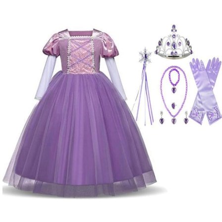 Prinsesse Rapunzel kjole Tangled kostyme + 7 ekstra tilbehør 140 cm