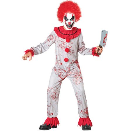 Killer Clown-dräkt för barn, läskig clown-jumpsuit och röd hårmask för pojkar Halloween