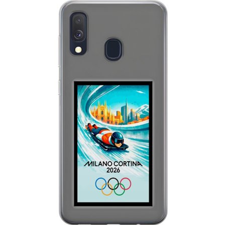 Yhteensopiva Puhelinkuori Samsung Galaxy A40 Dynaaminen kelkkailija tai skeleton-ajaja jääkanavalla Milanon Cortina 2026 kanssa, kaupunkinäkymä ja oly