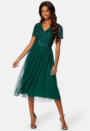 AngelEye Short Sleeve Sequin Embellished Midi Dress Emerald Klær