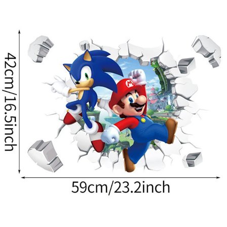 3D veggklistremerke, tegneseriebakgrunn for barnerom, selvklebende veggdekorasjon, pinnsvin videospill klistremerke 59cm*42cm