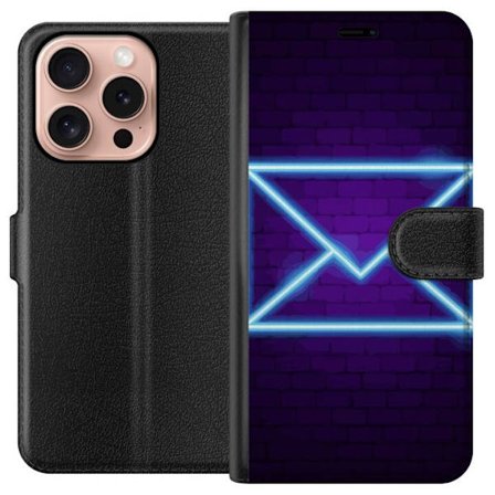 Yhteensopiva Lompakkokotelo Apple Apple iPhone 16 Pro Neonilta illuustraatio kirjekuoresta sinisessä valossa lila tiiliseinää vasten, nykyaikainen