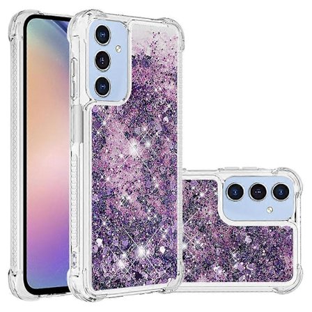 TPU-etui med glitter og flydende sand til Samsung Galaxy A17 5G, stødabsorberende bagside, mørkelilla hjerter