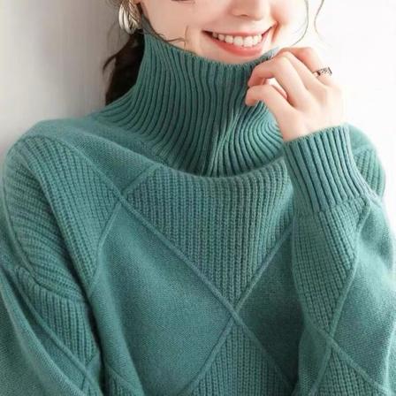 Kvinnor Stickad Höst Vinter Tröja Turtleneck Diamantformad Tjock Pullover Lös Lazy Style Green M