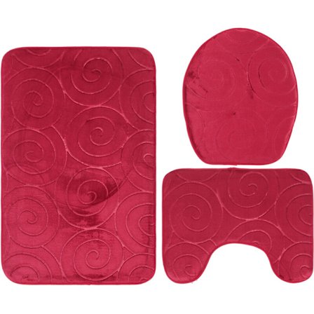 Präglad mönstrad badrumsmatta set, toalettlock, absorberande badkarsmatta, röd
