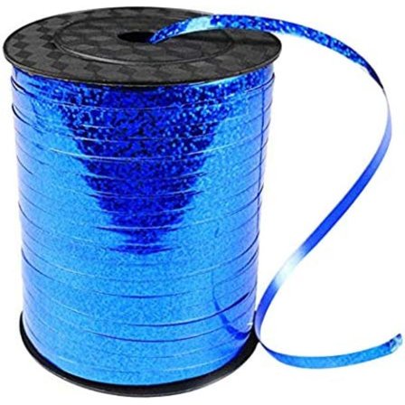 Blå lockigt band längd ca 200 meter, glänsande band, ballong