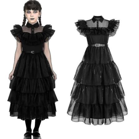 2023 onsdag Addams kostyme parykker for barn jenter Tyll belte gotisk svart kjole Halloween Cosplay fest kostyme parykker og parykk 7-8 år Dress 5-6 