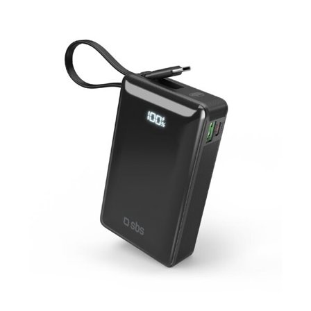 Powerbank SBS 20000 mAh 20W med innebygd USB-C-kabel og digitalt display - svart