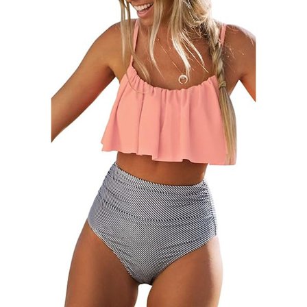 Dametøj Bandeau Bikini Ruffle Pleated Højtaljet Stribet Badetøj