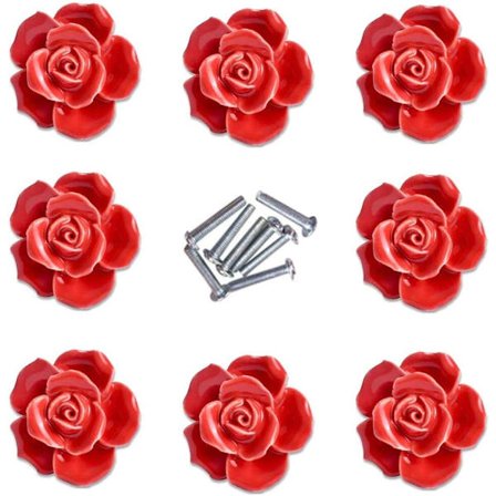 8 stk Elegante Røde Rose Trekkblomster Keramiske Skapsknapper Skap