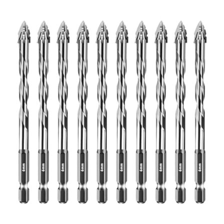 10 st excentrisk borr med fyra skäreggar, fyrsidig tandad borr, 1/4 sexkantsskaft, stark karbidspets, kakelborrsats (6 mm, silver)