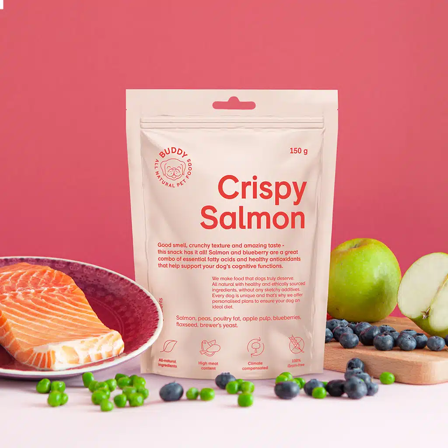 Buddy Crunchy Snacks Salmon & Blueberries 150g - Matskål, hundgodis & tuggisar