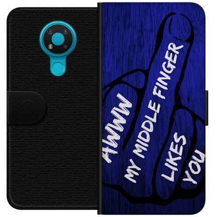 Kompatibel Tegnebogsetui til Nokia 3.4 Mørk typografisk illustration med hjerteform og budskab om venskab mod dybblå trætekstur