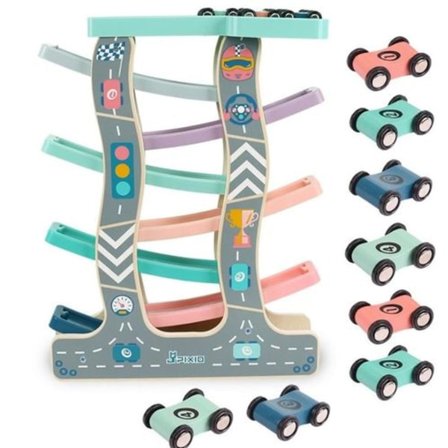 Træbil Rampe Racer Bil Racetrack til Småbørn med 8 Træ Racingsbiler
