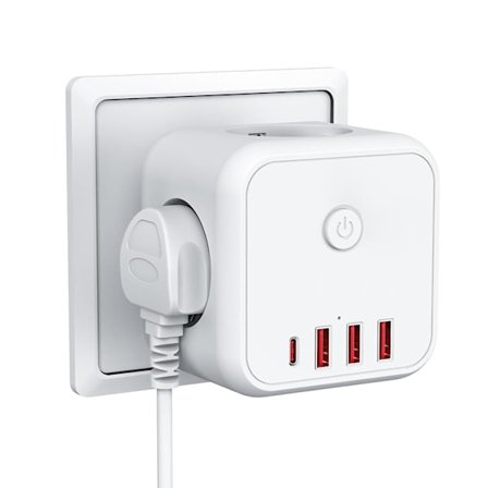USB-stikkontakt, 7 i 1 stik med 4 AC-udtag, Type C og 2 USB-porte (3A), Cube væg-multistik med afbryder, telefonkompatibel, pude til hjemmet