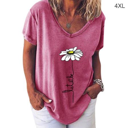 Kvinnor T-shirt V-hals Blomma Utskrift Top Kortärmad Lös