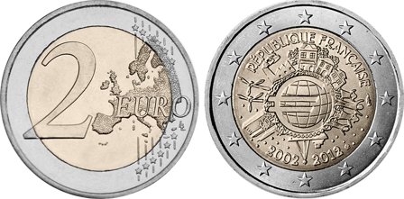 Frankrig 2012 - 10 år med Euro kontanter - 2 euro mønt