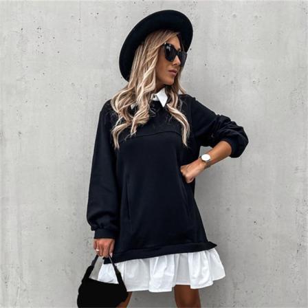 Casual Långärmad Lös Sweatshirt Klänning Dam Vinter Svart Bu