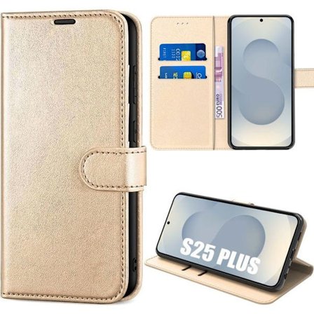 Skyddsfodral - BOOLING - för Samsung Galaxy S25 Plus - Guldsyntetiskt läder - Stötabsorberande - Inbyggt ställ