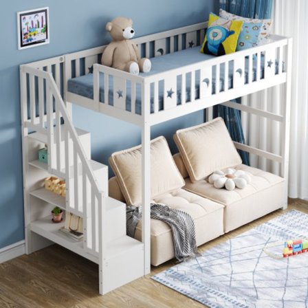 90*200 barnvåningssäng med trappor, loftsäng i massivt trä, med säkerhetsräcken, stjärn- och måndekoration. Vit