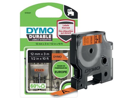 DYMO Tape Durable D1 12mm svart på orange - Lyreco - Kontorsmaskiner - Märkmaskiner och tape - Tape - Dymo D1