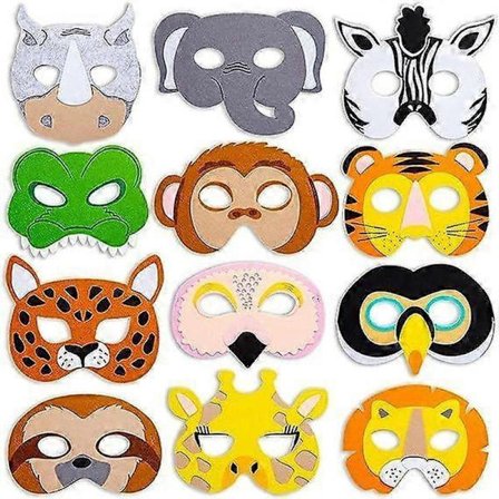 12-pak Filt Dyremasker til Børn, Jungle Safari Festartikler til Fødselsdag