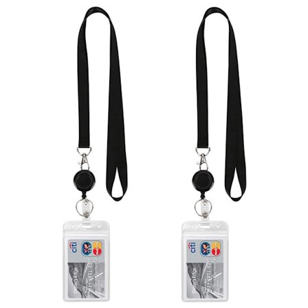 2 stk. Lanyard ID Vertikal PVC-kortholder - Sort, Zinklegering Letåbneligt Spænde, Udtrækkeligt Letåbneligt ID-spænde, PU-kortholder, ID-kortholder