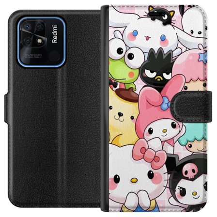 Yhteensopiva Lompakkokotelo Xiaomi Redmi 10C Tiheä kuvio suloisia hahmoja, joilla on suuret silmät eri väreissä ja ilmeissä LABUBU-tekstillä