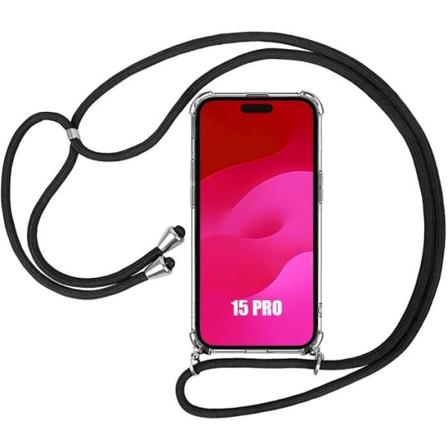 Etui til iPhone 15 Pro Gennemsigtig beskyttelse Forstærket hjørne + sort skulderrem