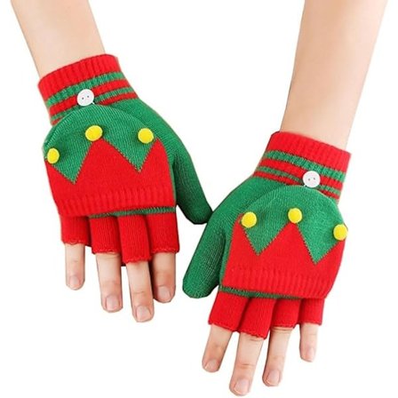 Votter for voksne til jul, strikkede halvhansker, med klaff, konvertible votter, varme vintervotter, rød og grønn
