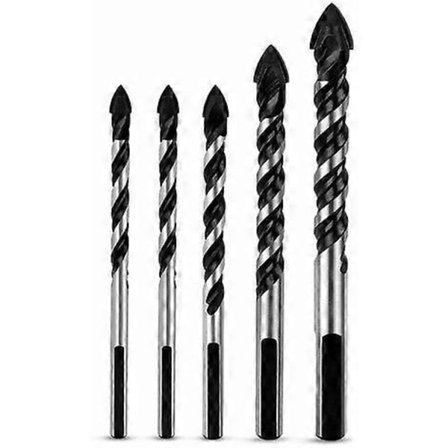 Sett med 5 multimaterial-bor for keramikk, fliser, betong, murstein, glass, plast og tre, 6 mm, 8 mm, 10 mm, 12 mm, spiss av wolframkarbid
