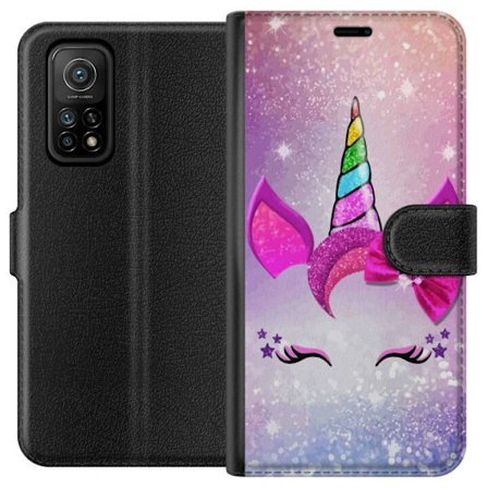 Kompatibelt Plånboksfodral till Xiaomi Xiaomi Mi 10T Pro 5G Minimalistiskt enhörningsansikte med regnbågshorn, rosa bakgrund, glitterdetaljer och s
