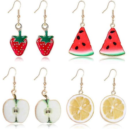 UBIUO 4 Par Kreative Blandede Søte Fruktøredobber Kirsebær Jordbær Vannmelon Hengende Øredobber Sett for Kvinner Jenter