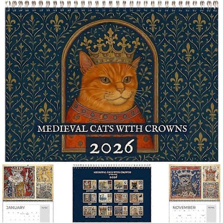 Middelalderlige katte med kroner kalender 2026, middelalderlige katte kalender 2026, hver måned viser en ædel kat iført en krone, nyd et helt år med 