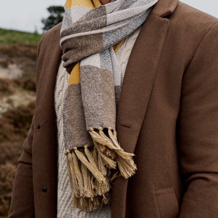 Hiems | Brown and Yellow Plaid Recycled Cotton Scarf for Men - Winter Scarves