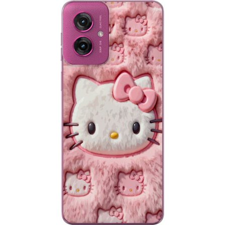 Yhteensopiva Puhelinkuori Motorola Moto G55 Hello Kitty vaaleanpunainen pörröinen tausta, jossa on ikoninen kasvot ja kawaii-esteettisyys