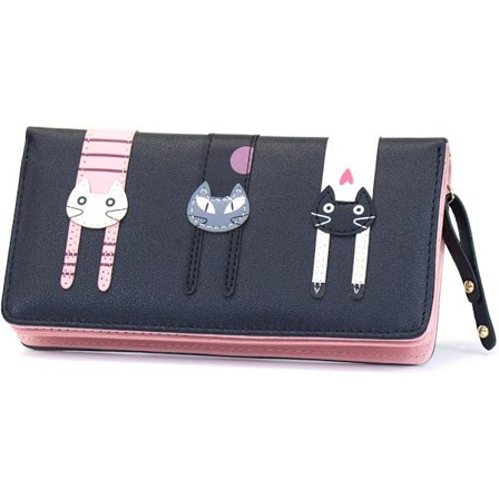 Læder Bifold Cute 3 Kat Zipper Clutch Pung Håndtaske til Kvinder Piger