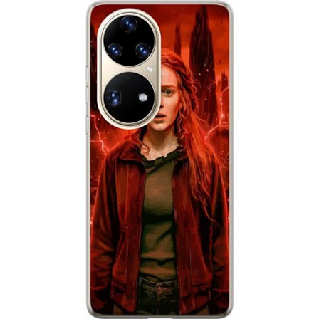 Kompatibelt Mobilskal till Huawei Huawei P50 Pro Porträtt av en ung kvinna med rött hår i en apokalyptisk landskap, röda blixtar och mörka klippf