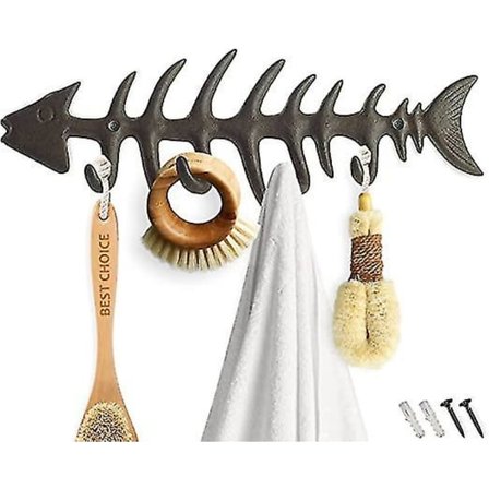 Browndekorativ Fiskbens Väggmonterad Handduksställ - Stilren Gjutjärns Klädhängare Med 4 "fisk" Krokar - Inkluderar Skruvar Och Väggpluggar