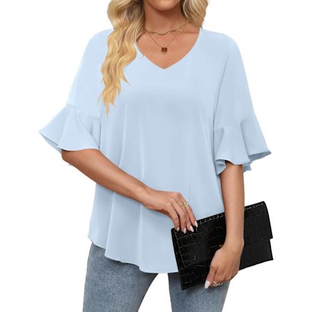 MOON Dam Blusar i Chiffon 3/4 Ärm Skjortor V-Ringning Klockad Ärm Klädd Toppar Blå X-Large