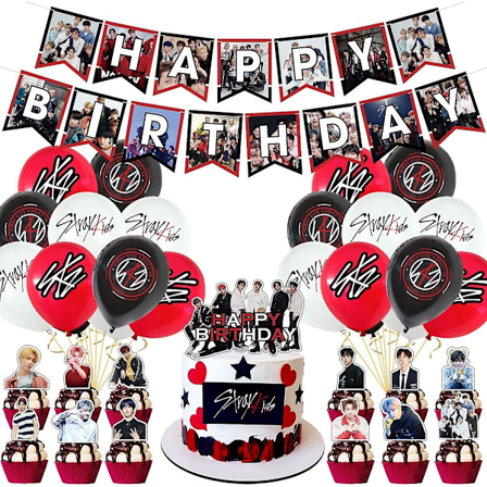 Heytea Stray-kids festartiklar, Stray-kids festdekorationer inkluderar Grattis på födelsedagen-banderoller, tårtdekorationer, muffinsdekorationer, 