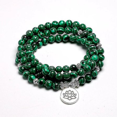 Tibetansk 108 Mala Armband Malakit Sten Pärlor Armband Yoga Lotus Om Buddha 6 Mm