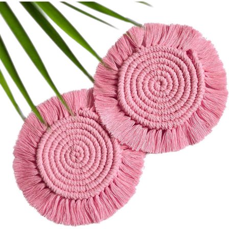 Underlägg för absorberande drycker, Boho-underlägg för träbord, Macrame-underlägg, Farmhouse- set för koppar och muggar, 2-delade runda, rosa