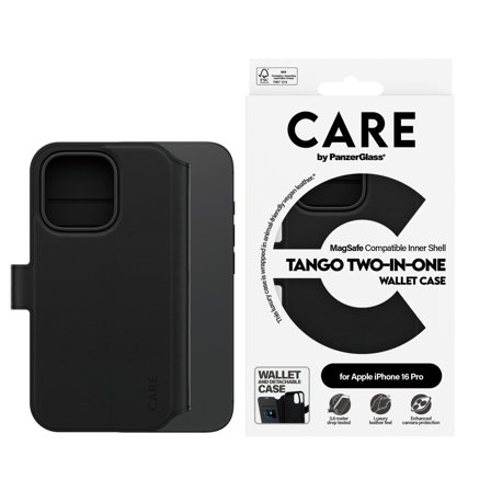 PanzerGlass CARE iPhone 16 Pro Tango 2-i-1 Lommebokdeksel (sort) Avtagbar folio med 3 kortlommer, vegansk lær, MagSafe kompatibel