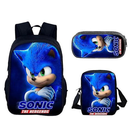 3pcs/set Sonic Anime Satchel Nylon School Backpack With Pencil Bag And Messenger Bag