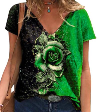 Summer Rose Print Kortärmad Lös T-shirt Dam Casual V-nec
